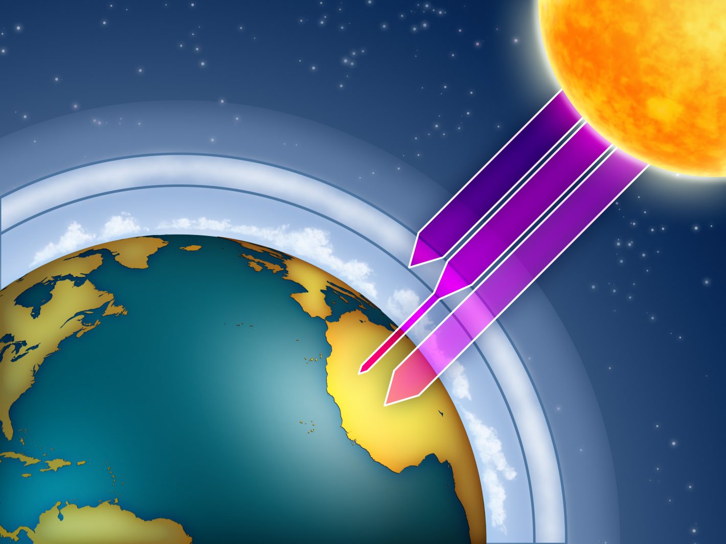 Atmospheric ozone filtering the sun ultraviolet rays. Digital illustration.