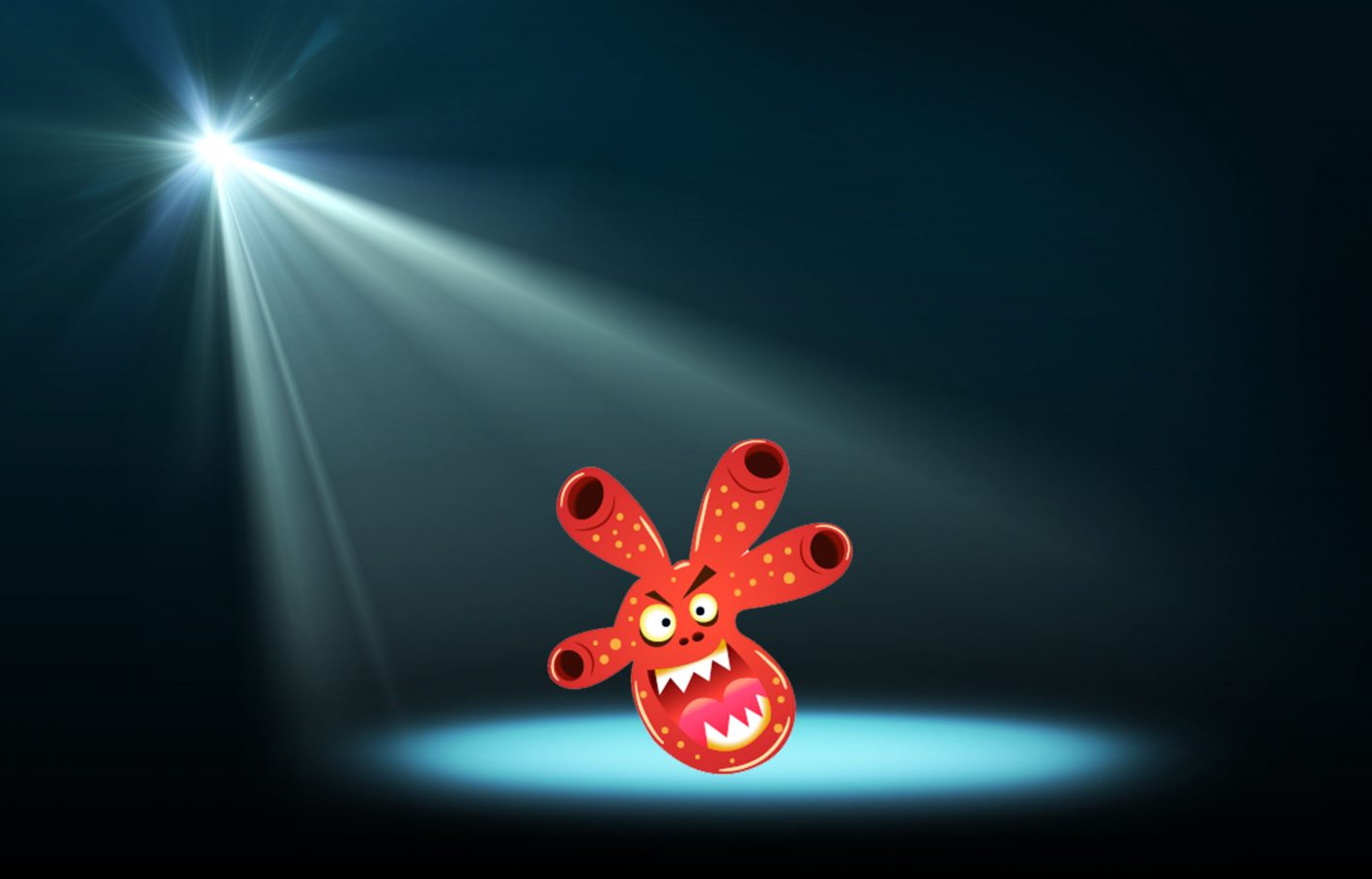 Abstract image of concert lighting against a dark background with cartoon bacteria character